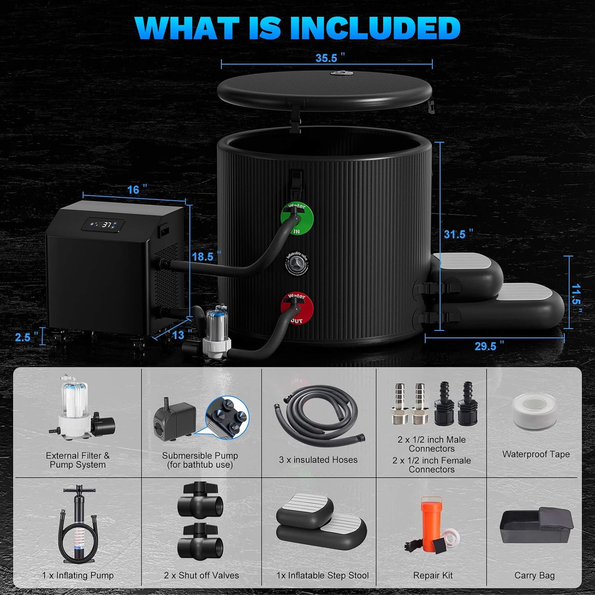 FCP Premium XL 120-Gallon Cold Plunge Tub Kit | 1HP Chiller, Filter & Pump