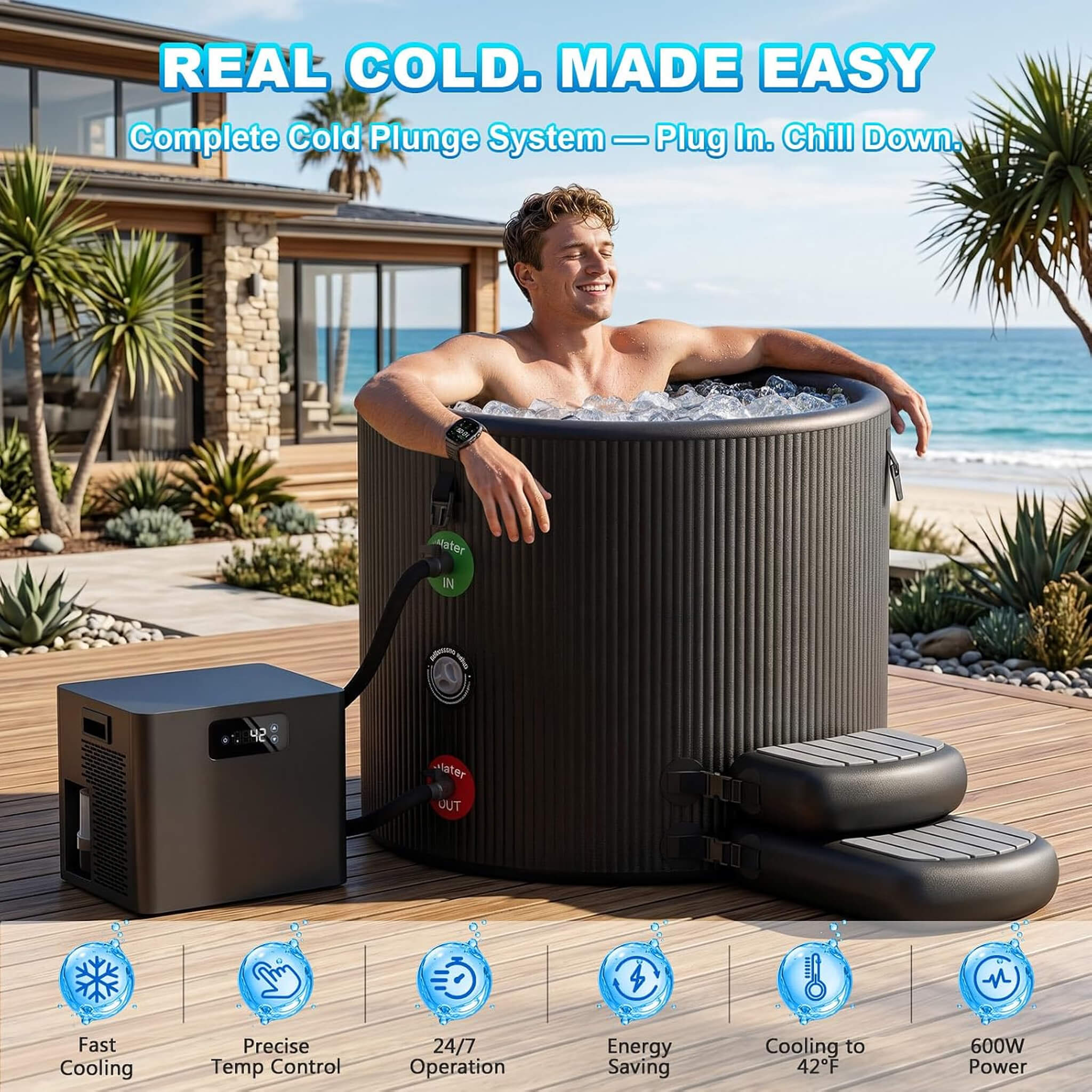 FCP Premium XL 120-Gallon Cold Plunge Tub Kit | 1/3 HP Chiller, Filter & Pump