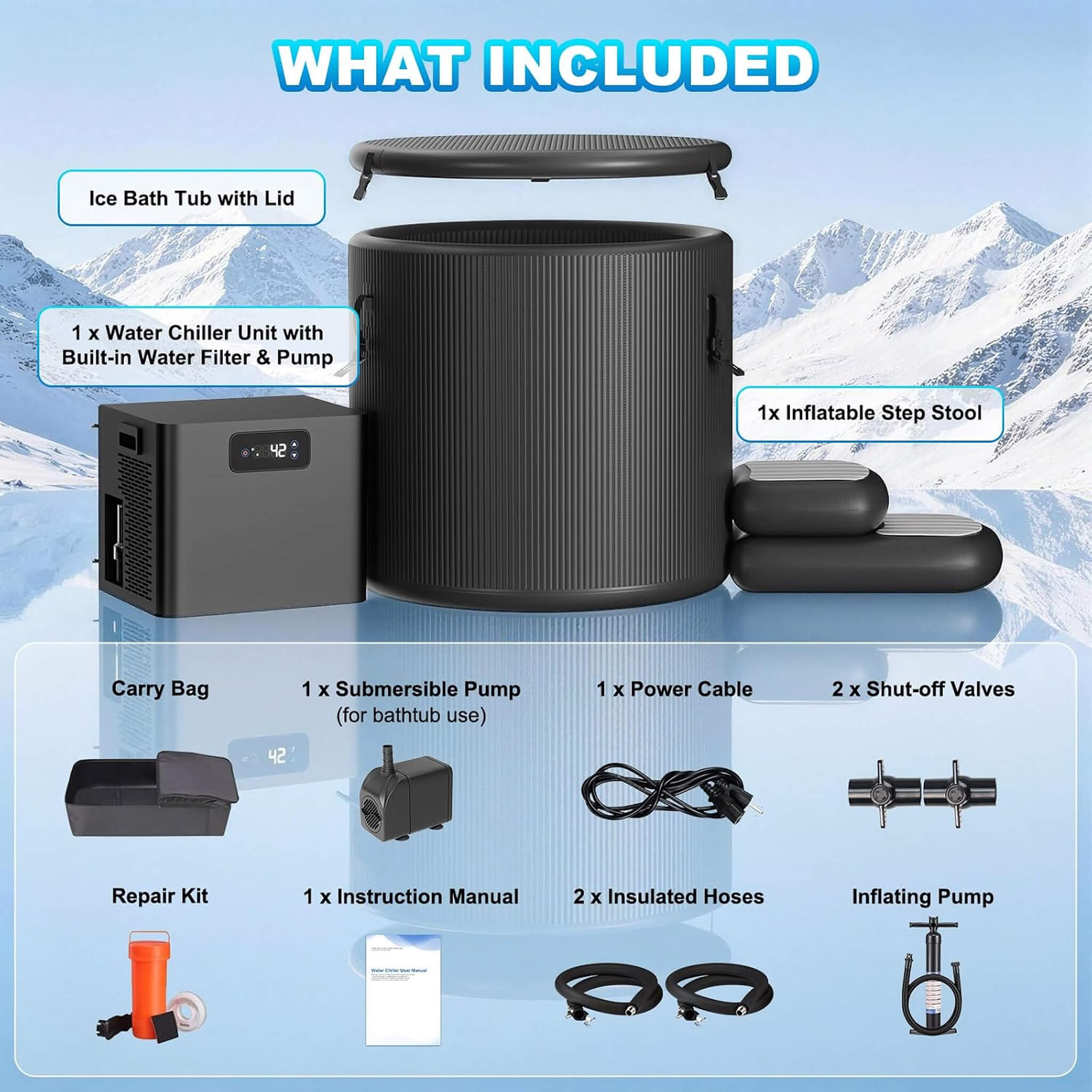 FCP Premium XL 120-Gallon Cold Plunge Tub Kit | 1/3 HP Chiller, Filter & Pump