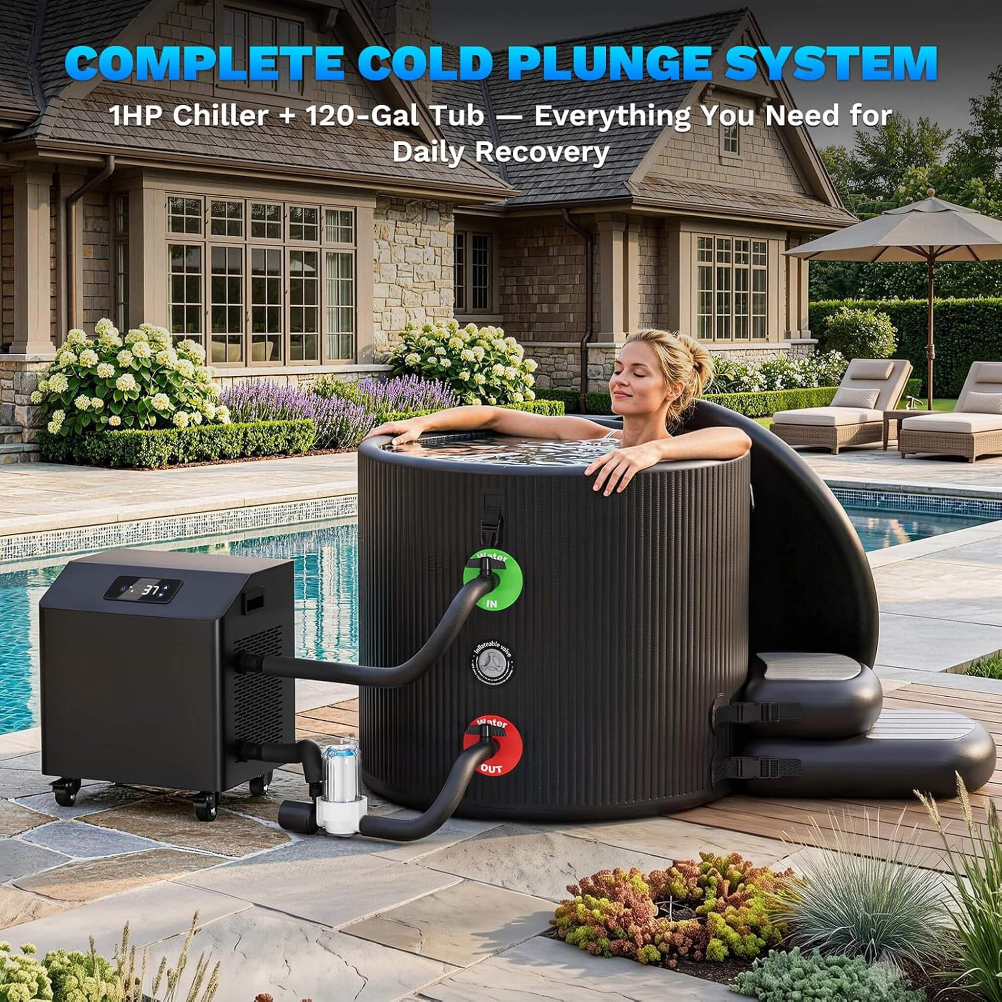 FCP Premium XL 120-Gallon Cold Plunge Tub Kit | 1HP Chiller, Filter & Pump